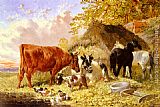 Famous Ducks Paintings - Horses, Cows, Ducks and a Goat by a Farmhouse